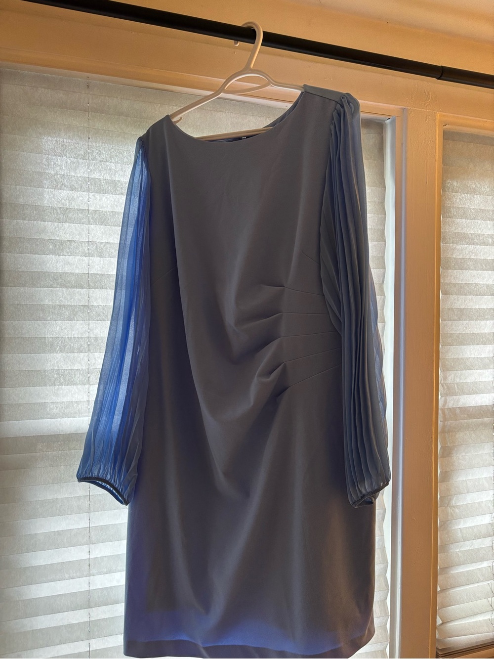 Long-Sleeve Pleated-Sleeve Shift Dress in Dusty Blue